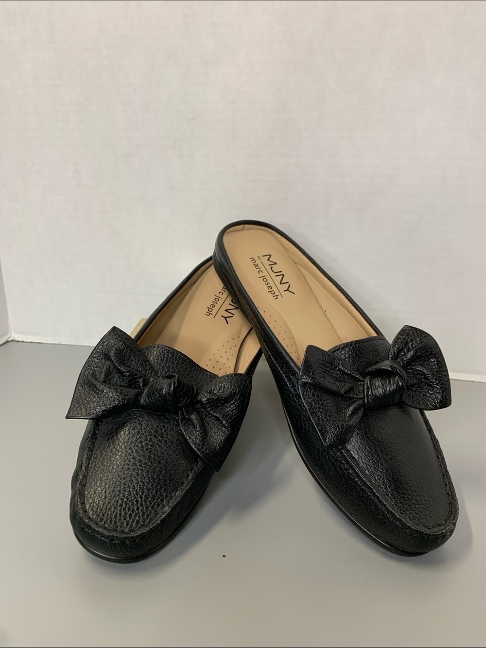 MJNY by Marc Joseph Black Leather Bow Backless Loafers Size 8.5